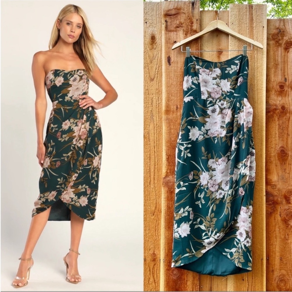 Green and Blush Floral Strapless Sweetheart Tulip Midi Dress 🌿